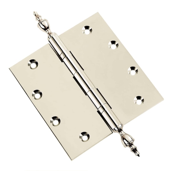 Embassy 5 x 5 Solid Brass Ball Bearing Hinge, Polished Nickel Finish Urn Tips 5050BBUS14U-1 - main